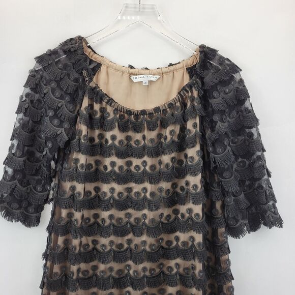 Trina Turk Mini Dress Size 2 Black Fringed Embroidered Lace Off Shoulder - Picture 3 of 11